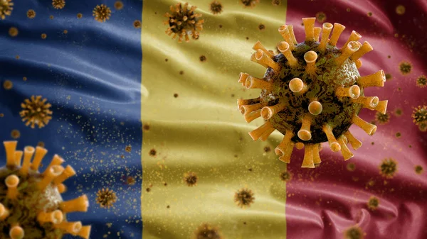 Roemeense Vlag Zwaaien Met Coronavirus Uitbraak Infecteren Ademhalingsstelsel Als Gevaarlijke — Stockfoto