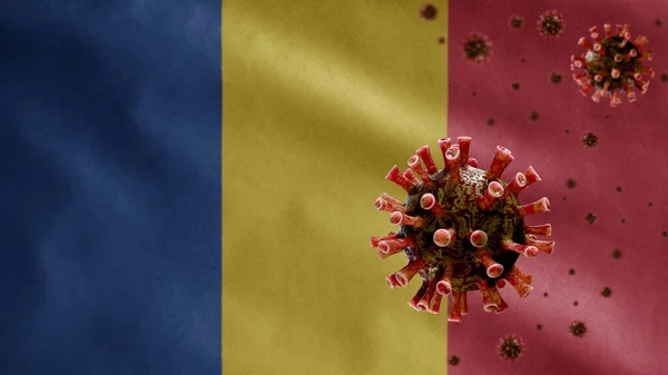 Roemeense Vlag Zwaaien Met Coronavirus Uitbraak Infecteren Ademhalingsstelsel Als Gevaarlijke — Stockfoto