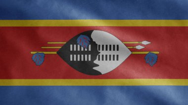 Svaziland bayrağı rüzgarda dalgalanıyor. Eswatini afişini yakın çekin, yumuşak ve pürüzsüz ipek. Kumaş kumaş dokusu Asteğmen arkaplan.