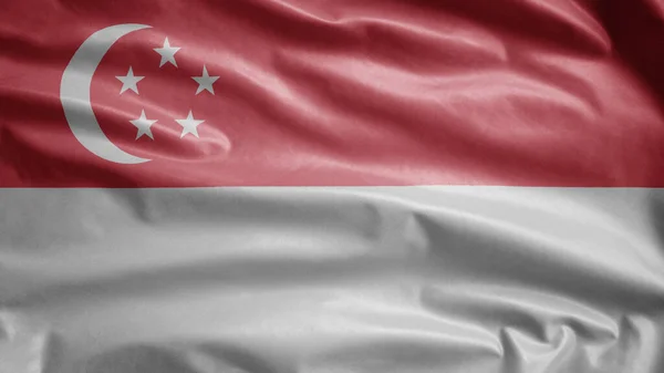 Сингапурский Флаг Размахивающий Ветром Закрыть Сингапурское Знамя Мягкий Гладкий Шелк — стоковое фото