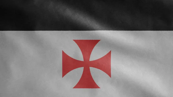 Banner of the knights templars, the Catholic military order medieval. Close up flag of poor fellow soldiers of christ and temple of solomon. Cloth fabric texture ensign background