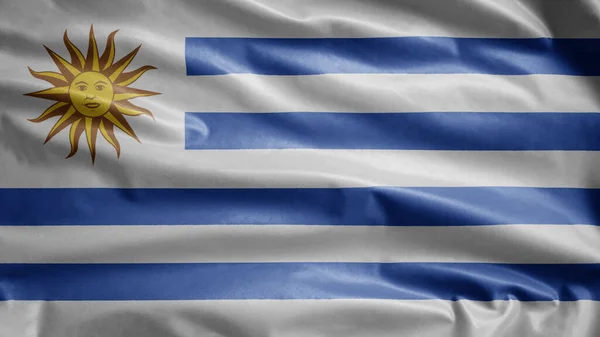 Уругвайский Флаг Размахивающий Ветром Закрыть Баннер Уругвая Мягкий Гладкий Шелк — стоковое фото