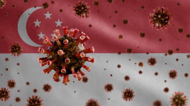 3D, Flu coronavirus floating over Singaporean flag, a pathogen that attacks the respiratory tract. Singapore banner waving with pandemic of Covid19 virus infection concept. Real fabric texture ensign clipart