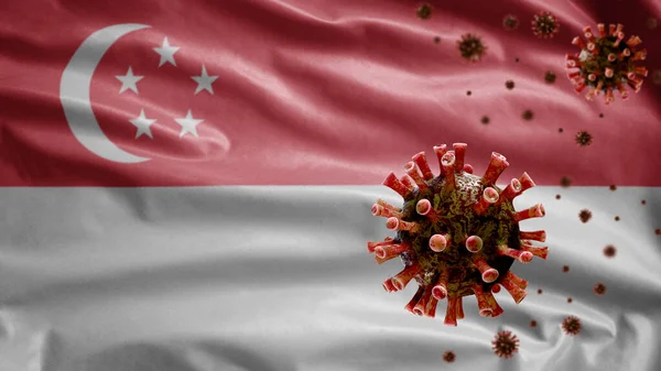 싱가포르 국기가 코로나 바이러스 흔들고 호흡기 계통을 독감으로 감염시키고 인플루엔자 — 스톡 사진