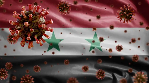 Flu Coronavirus Flotando Sobre Bandera Siria Patógeno Que Ataca Tracto — Foto de Stock