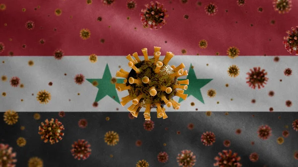 Flu Coronavirus Flotando Sobre Bandera Siria Patógeno Que Ataca Tracto — Foto de Stock