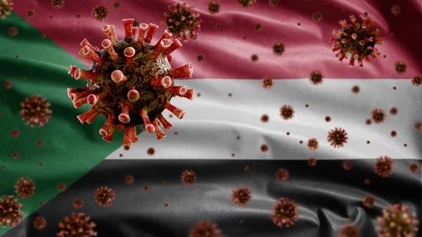 Flu Coronavirus Floating Sudanese Flag Pathogen Attacks Respiratory Tract Sudan — Stock Photo, Image