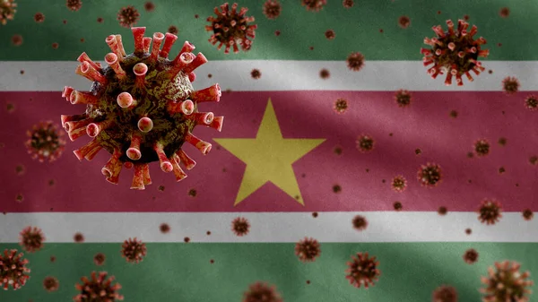 Griep Coronavirus Drijvend Boven Surinaamse Vlag Een Ziekteverwekker Die Luchtwegen — Stockfoto
