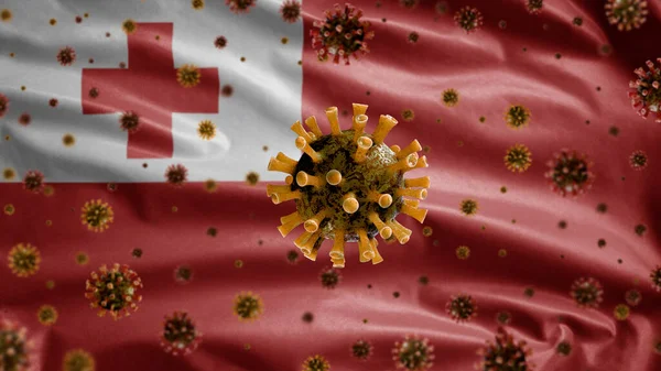 Flu Coronavirus Flotando Sobre Bandera Tongan Patógeno Que Ataca Tracto —  Fotos de Stock