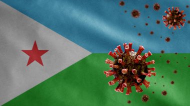 3 boyutlu, Cibuti bayrağı sallanan koronavirüs salgını solunum sistemini tehlikeli bir grip gibi etkiliyor. Ulusal Cibuti bayrağı dalgalanan Covid 19 tipi bir virüs.
