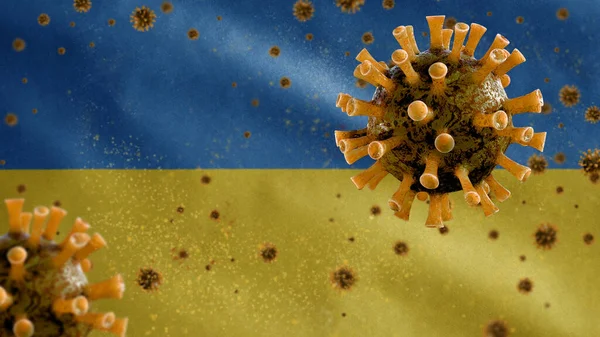 Bandera Ucrania Ondeando Con Brote Coronavirus Infectando Sistema Respiratorio Como — Foto de Stock
