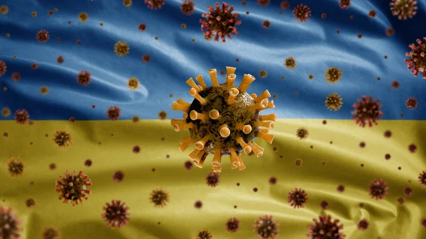Chřipkový Koronavirus Vznášející Nad Ukrajinskou Vlajkou Patogen Který Útočí Dýchací — Stock fotografie