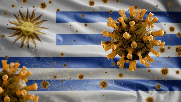 Уругвайский Флаг Размахивающий Коронавирусом Заражающим Дыхательную Систему Опасный Грипп Вирус — стоковое фото