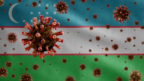 Griep Coronavirus Drijvend Boven Oezbekistan Vlag Een Ziekteverwekker Die Luchtwegen — Stockfoto