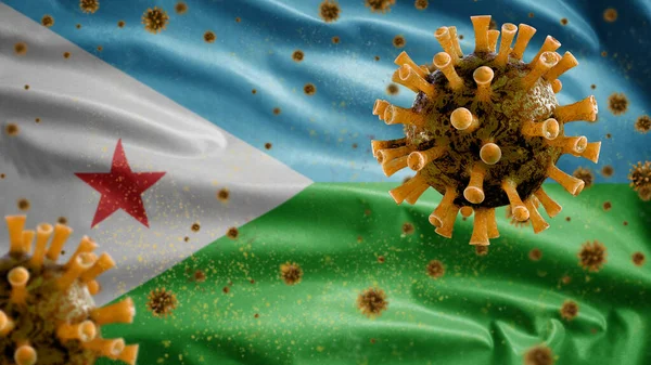 3 boyutlu, Cibuti bayrağı sallanan koronavirüs salgını solunum sistemini tehlikeli bir grip gibi etkiliyor. Arkaplanda ulusal Cibuti bayrağı dalgalanan Covid 19 tipi bir virüs.