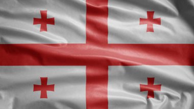 Rüzgarda sallanan Gürcistan bayrağı. Georgia afişini yakın çekin, yumuşak ve pürüzsüz ipek. Kumaş kumaş dokusu Asteğmen arkaplan.