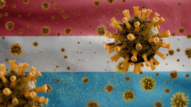 3D, Lüksemburg bayrağı sallanıyor Coronavirus salgını solunum sistemini tehlikeli bir grip gibi etkiliyor. Arkaplanda ulusal Lüksemburg bayrağı dalgalanan Covid 19 tipi bir virüs..