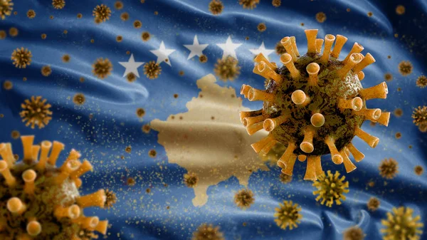 Косовський Прапор Розмахуючи Коронавірусом Спалаху Інфекції Дихальної Системи Небезпечного Грипу — стокове фото