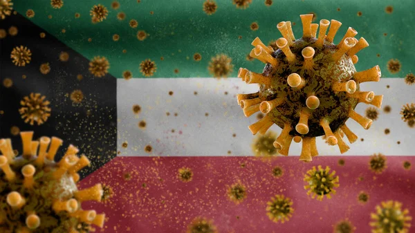 Kuwaiti Flag Waving Coronavirus Outbreak Infecting Respiratory System Dangerous Flu — Stock Photo, Image