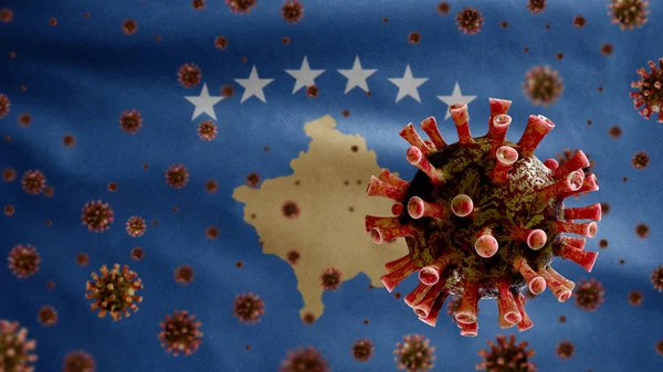 Kosovos Flagga Viftar Med Coronavirus Utbrott Infektera Andningsorganen Som Farlig — Stockfoto