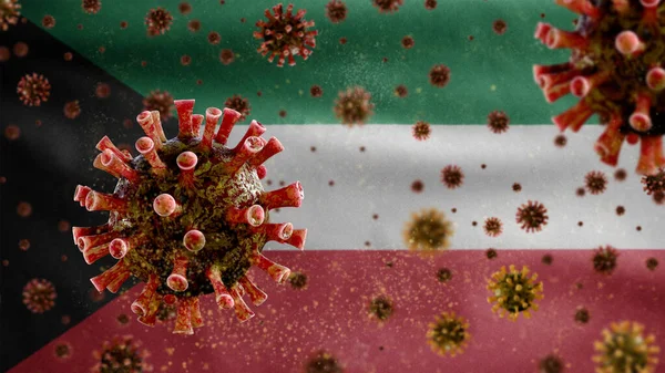 Flu Coronavirus Floating Kuwaiti Flag Pathogen Attacks Respiratory Tract Kuwait — Stock Photo, Image