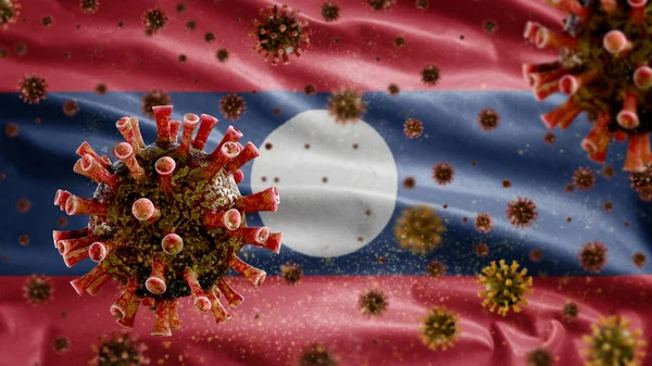 Flu Coronavirus Floating Laotian Flag Pathogen Attacks Respiratory Tract Laos — Stock Photo, Image