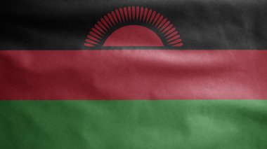 Rüzgarda dalgalanan Malavi bayrağı. Malawi afişini yakın çekin, yumuşak ve pürüzsüz ipek. Kumaş kumaş dokusu, Asteğmen. Ulusal gün ve ülke etkinlikleri konsepti için kullan..