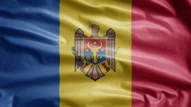 Moldova bayrağı rüzgarda dalgalanıyor. Moldavya afişini yakın çekim, yumuşak ve pürüzsüz ipek. Kumaş kumaş dokusu, Asteğmen. Ulusal gün ve ülke etkinlikleri konsepti için kullan..