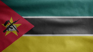 Mozambik bayrağı rüzgarda dalgalanıyor. Mozambik afişini kapat, yumuşak ve pürüzsüz ipek. Kumaş kumaş dokusu, Asteğmen. Ulusal gün ve ülke etkinlikleri konsepti için kullan..