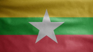 Myanmar bayrağı rüzgarda dalgalanıyor. Burma afişini yakın çekin, yumuşak ve pürüzsüz ipek. Kumaş kumaş dokusu Asteğmen arkaplan.