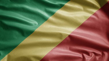 Rüzgarda dalgalanan Kongo bayrağı. Kongo Cumhuriyeti bayrağını kapat, yumuşak ve pürüzsüz ipek. Kumaş kumaş dokusu, Asteğmen. Ulusal gün ve ülke etkinlikleri konsepti için kullan..