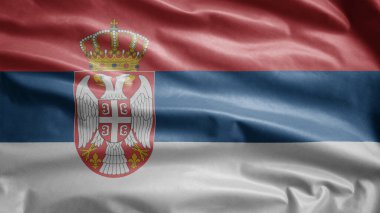Sırp bayrağı rüzgarda dalgalanıyor. Sırbistan 'ın esintisine yakın, yumuşak ve pürüzsüz ipek. Kumaş kumaş dokusu, Asteğmen. Ulusal gün ve ülke etkinlikleri konsepti için kullan..