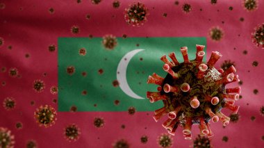 3 boyutlu, Maldivya bayrağı üzerinde sallanan grip koronavirüsü, solunum yoluna saldıran bir patojen. Maldivler afişi Covid19 virüs enfeksiyonu konseptiyle sallanıyor.
