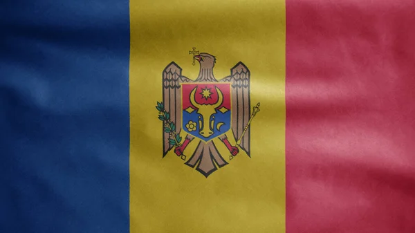 摩尔多瓦国旗在风中飘扬 密闭的摩尔达维亚旗帜飘扬 柔滑柔滑的丝绸 布匹织物质感标志背景 — 图库照片