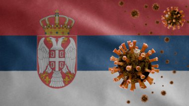 3D, Sırp bayrağı Coronavirus salgını ile sallanıyor ve solunum sistemini tehlikeli grip olarak etkiliyor. Arkaplanda ulusal Sırbistan bayrağı dalgalanan Covid 19 tipi grip virüsü
