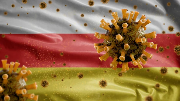 Ossetische Vlag Wapperend Met Coronavirus Uitbraak Infecterend Ademhalingsstelsel Als Gevaarlijke — Stockfoto