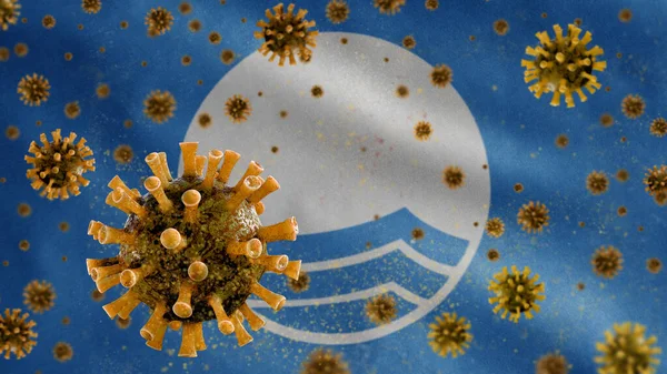 Das Grippe Coronavirus Das Über Einer Blauen Flagge Schwebt Dem — Stockfoto