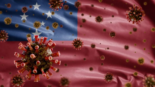 Flu Coronavirus Flotando Sobre Bandera Samoa Patógeno Que Ataca Tracto —  Fotos de Stock