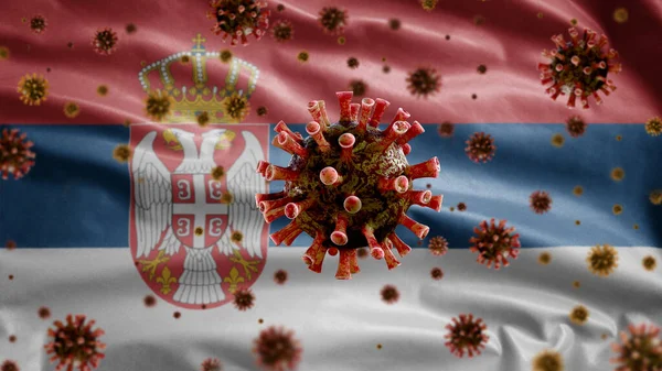 Flu Coronavirus Flotando Sobre Bandera Serbia Patógeno Que Ataca Tracto —  Fotos de Stock