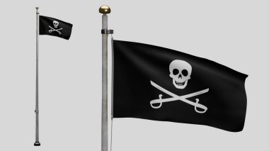3D, rüzgarda dalgalanan kılıç bayraklı korsan kafatasının kumaş dokusu. Calico Jack korsan sembolü hacker ve hırsız konsepti. Dalgalı yüzeyde siyah Korsanların gerçekçi bayrağı
