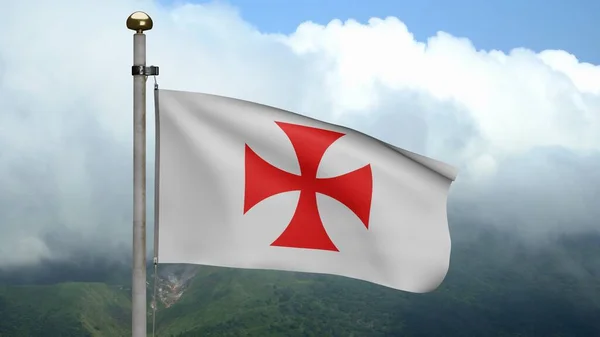 Ιππότες Templars Σημαία Κυματίζει Στον Άνεμο Στο Βουνό Φτωχοί Συμπολεμιστές — Φωτογραφία Αρχείου