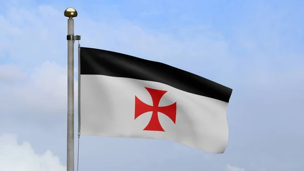 3D The knights templars flag waving on wind with blue sky. Poor fellow soldiers of christ and temple of solomon banner blowing, soft and smooth silk.