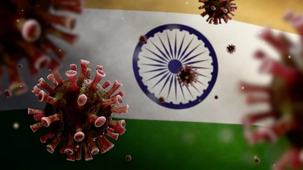 Flu Coronavirus Flotando Sobre Bandera India Patógeno Que Ataca Tracto — Foto de Stock