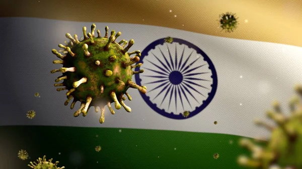 Индийский Флаг Размахивающий Коронавирусом Заражающим Дыхательную Систему Опасный Грипп Вирус — стоковое фото