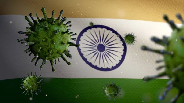 Flu Coronavirus Flotando Sobre Bandera India Patógeno Que Ataca Tracto — Foto de Stock