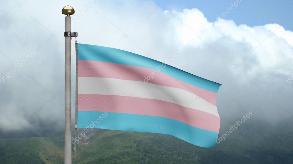 3D Transsexuality flag waving on wind at mountain. Close up of Transsexual banner blowing, soft and smooth silk. Cloth fabric texture ensign background. Use it for pride gay day and events concept.