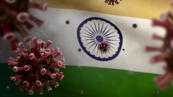 Coronavírus Gripe Flutuando Sobre Bandeira Indiana Patógeno Que Ataca Trato — Vídeo de Stock