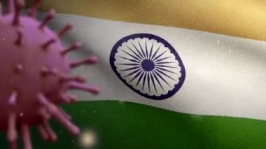 3 boyutlu, Hint bayrağı üzerinde sallanan grip koronavirüsü solunum yoluna saldıran bir patojen. Hindistan afişi Covid19 virüs enfeksiyonu salgınıyla sallanıyor. Gerçek kumaş dokusu Asteğmen Dan