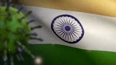 3 boyutlu, koronavirüs salgını ile dalgalanan Hint bayrağı solunum sistemini tehlikeli grip olarak etkiliyor. Covid 19 tipi grip virüsü. Arka planda Hindistan pankartı var. Salgın riski kavramı - Dan