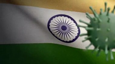3 boyutlu, Hint bayrağı üzerinde sallanan grip koronavirüsü solunum yoluna saldıran bir patojen. Hindistan afişi Covid19 virüs enfeksiyonu salgınıyla sallanıyor. Gerçek kumaş dokusu Asteğmen Dan